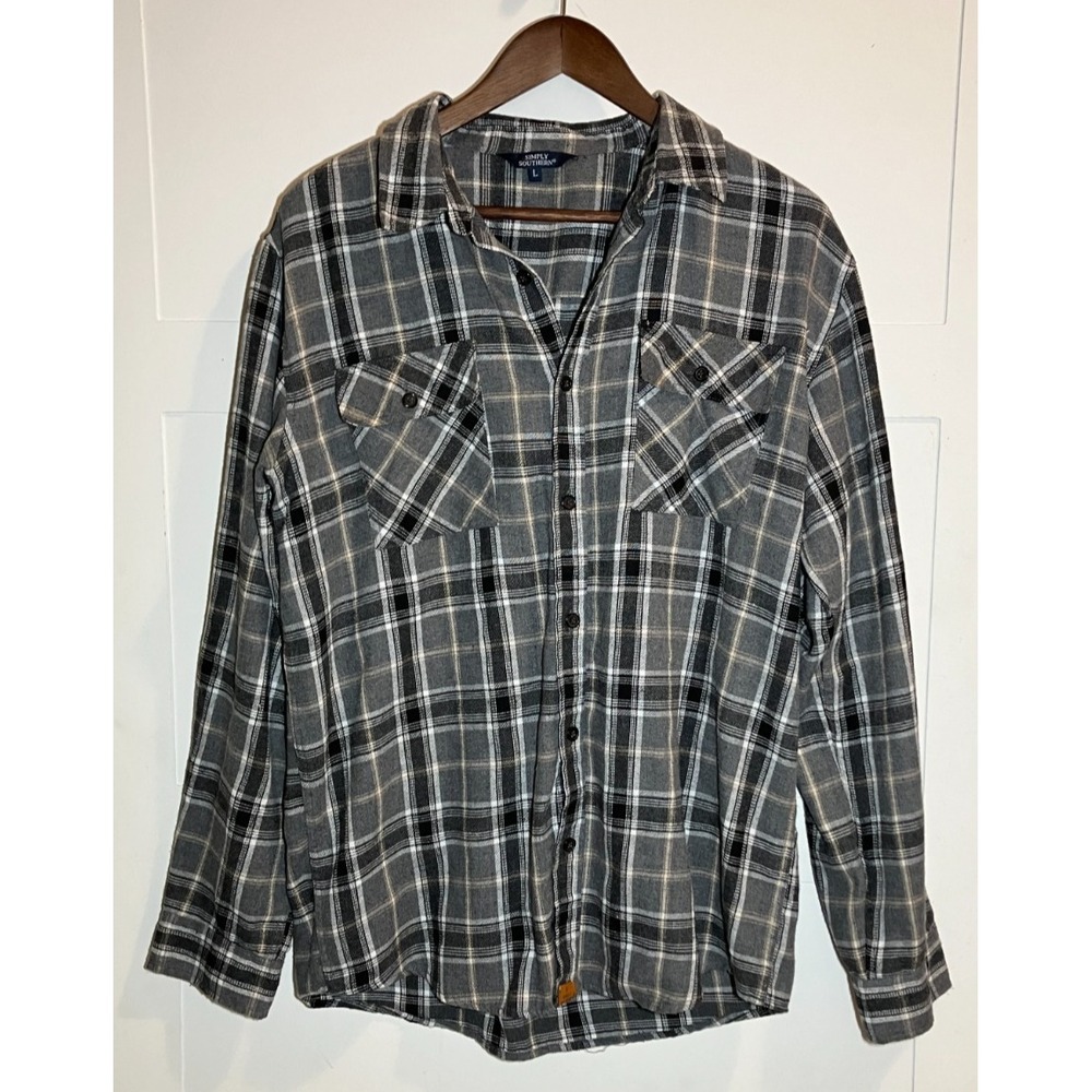 Simply Southern Mens Large Long‎ Sleeve Gray Plaid Flannel Button Down Grunge
